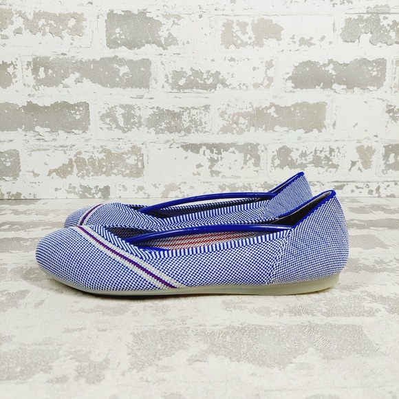 NEW Rothy’s Blue Reflective Stripe Knit Round Toe Slip On Comfort Flats C672